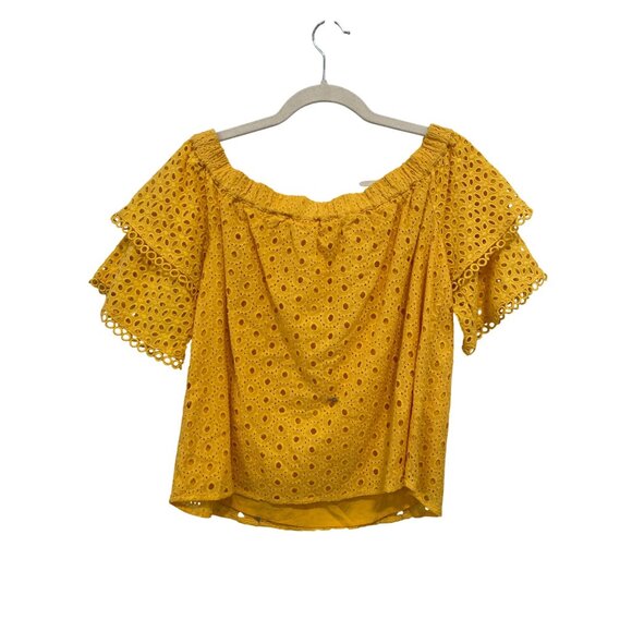 The Nines Eyelet Off The Shoulder Blouse Size Small Layered Sleeve Yellow Hippie - Picture 4 of 8